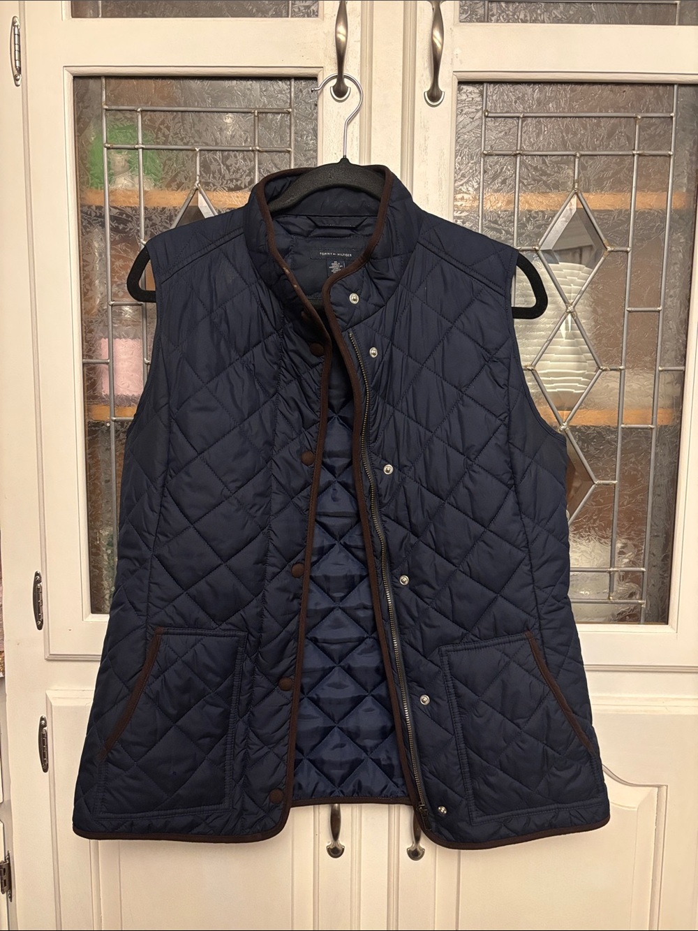Tommy Hilfiger Quilted Navy Vest with Brown Trim